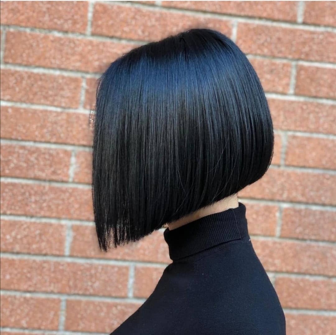 chin-length angled blunt bob