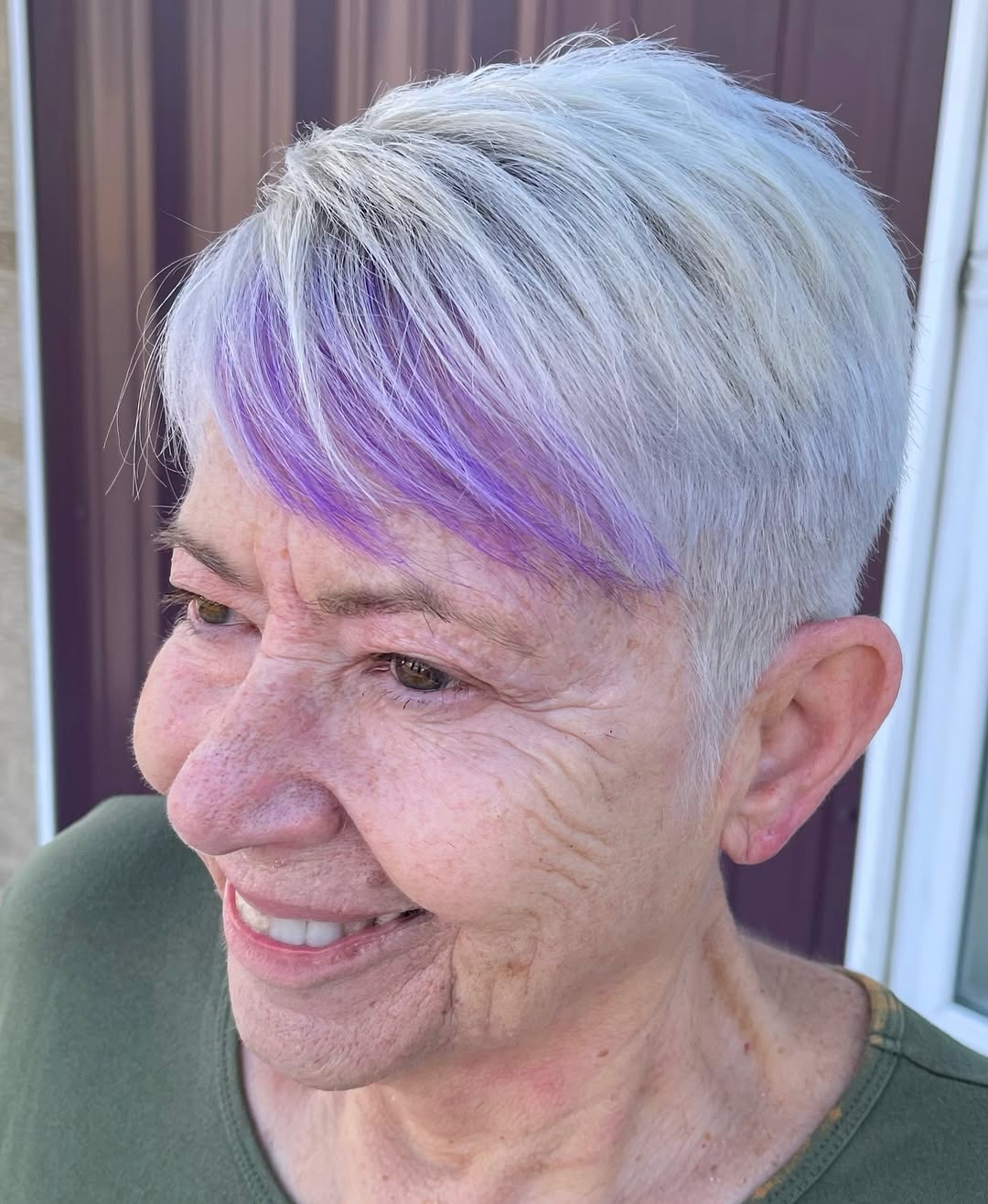 pixie cut with pastel purple bangs
