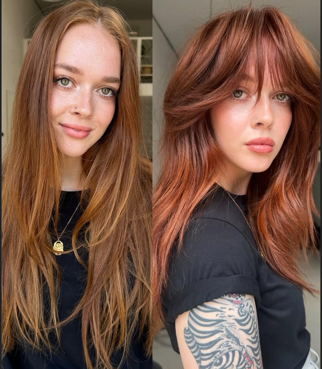 face-framing copper brown hair