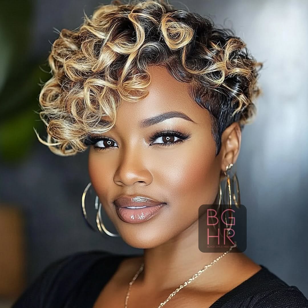 blonde balayage curly layered pixie cut