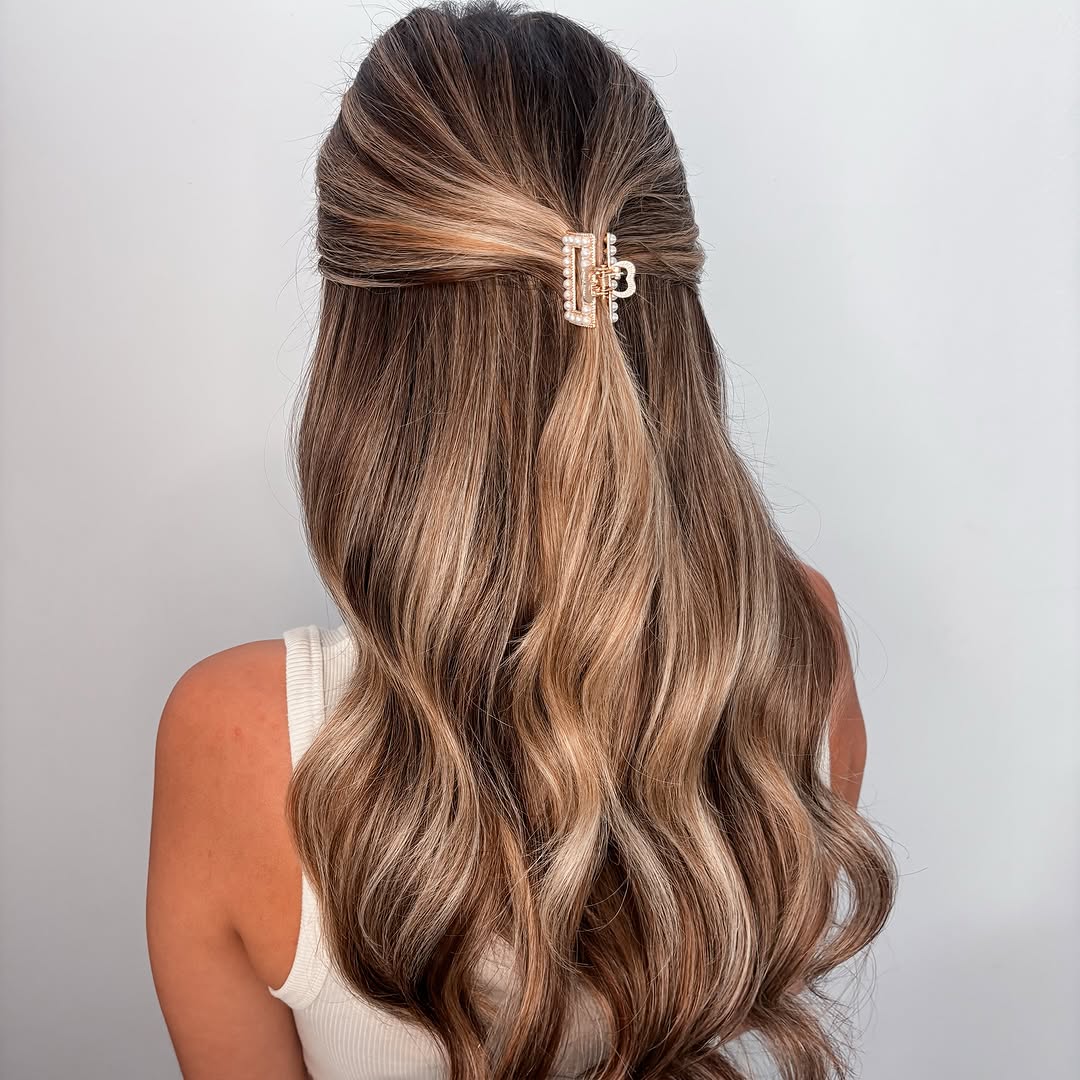 half-up dimensional long wavy hair