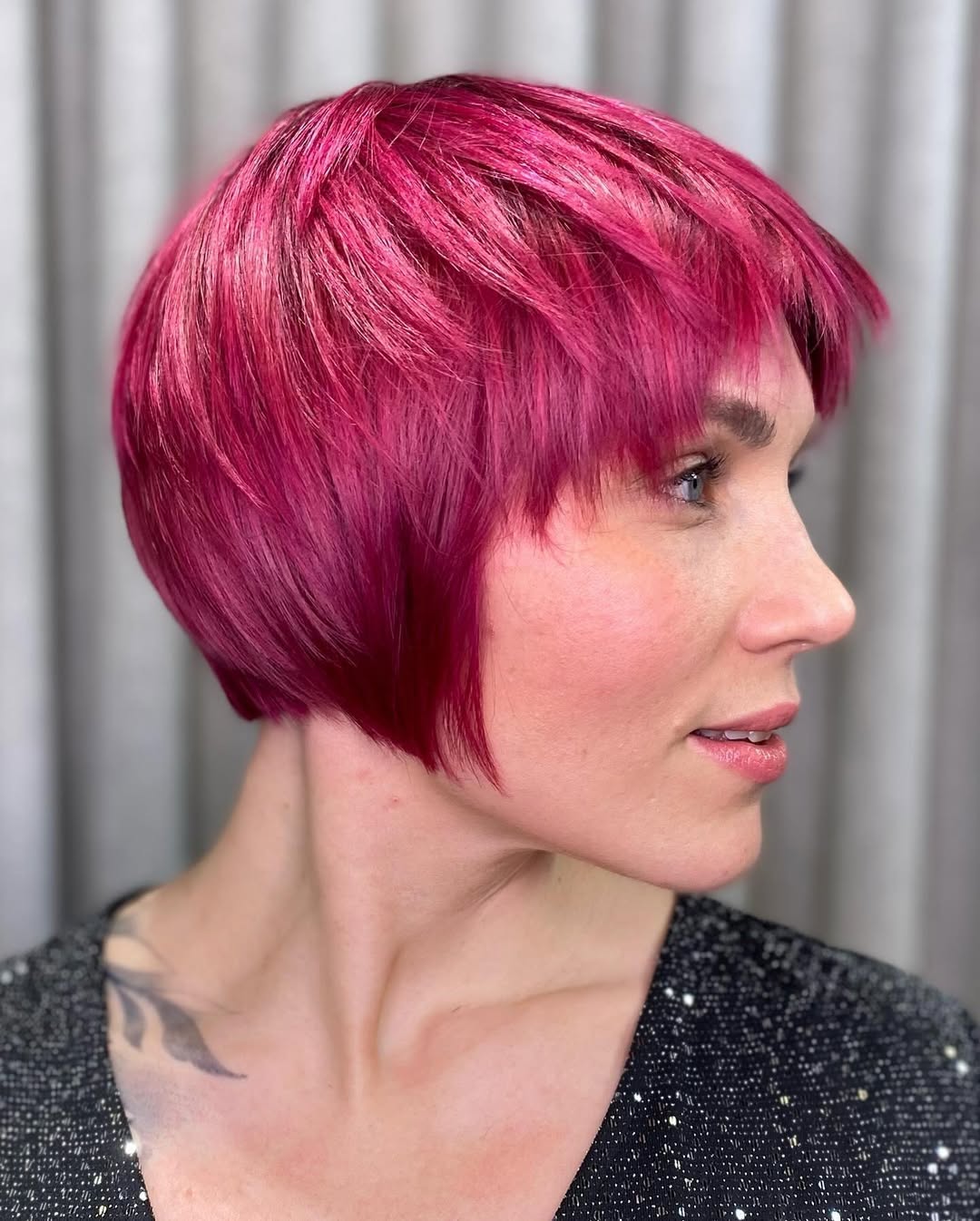 metallic magenta pixie bob haircut