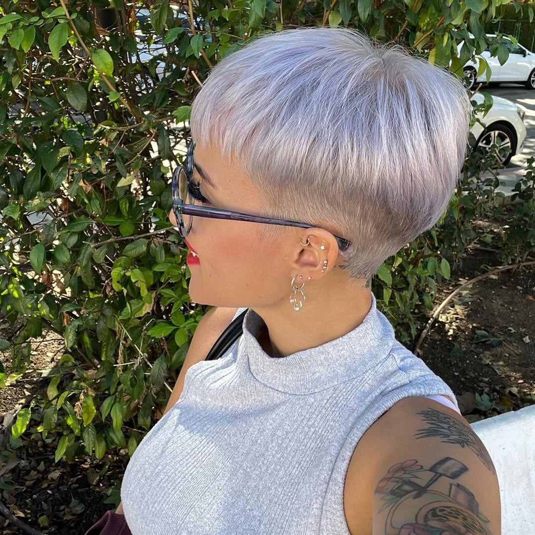 metallic silver pixie cut with tapered sides