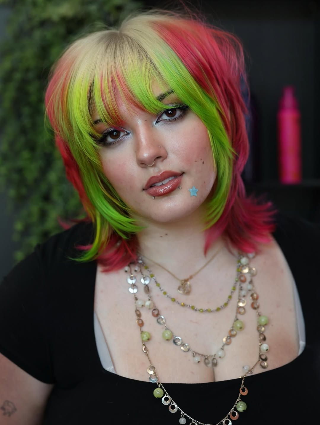 dragon fruit face-framing layered shoulder length hair