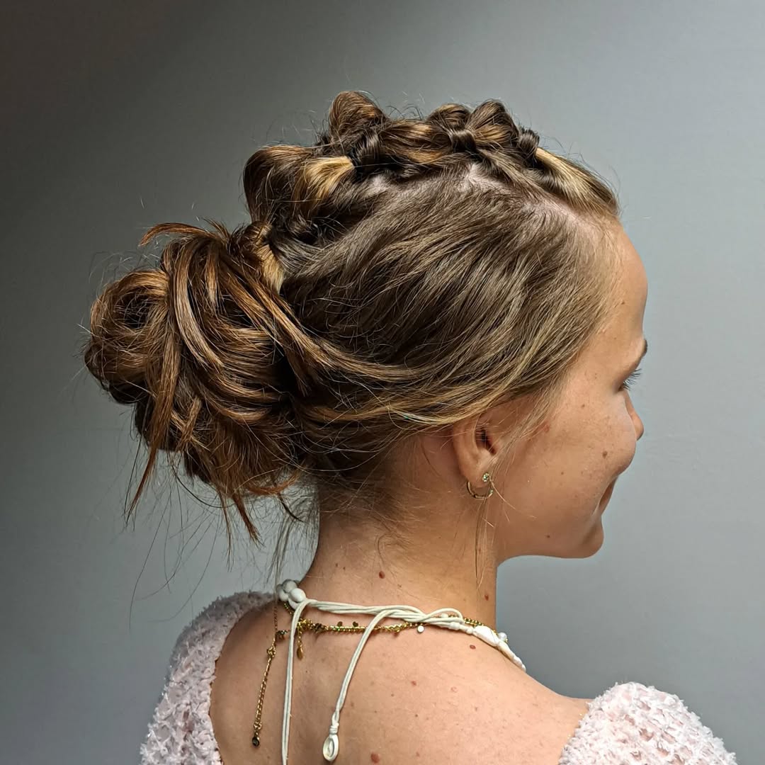 messy bun with bubble braids