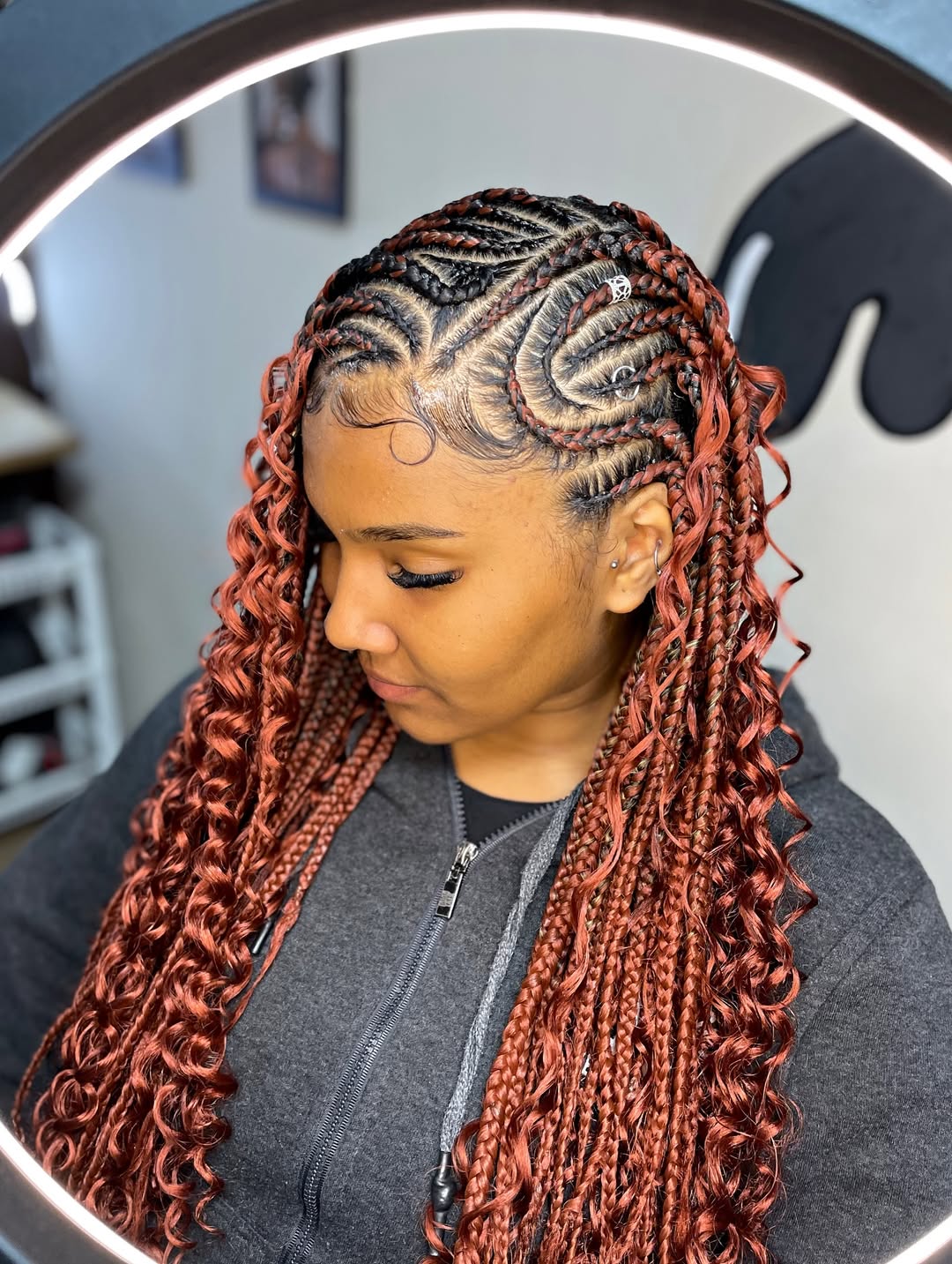 red Fulani lemonade braids with curls