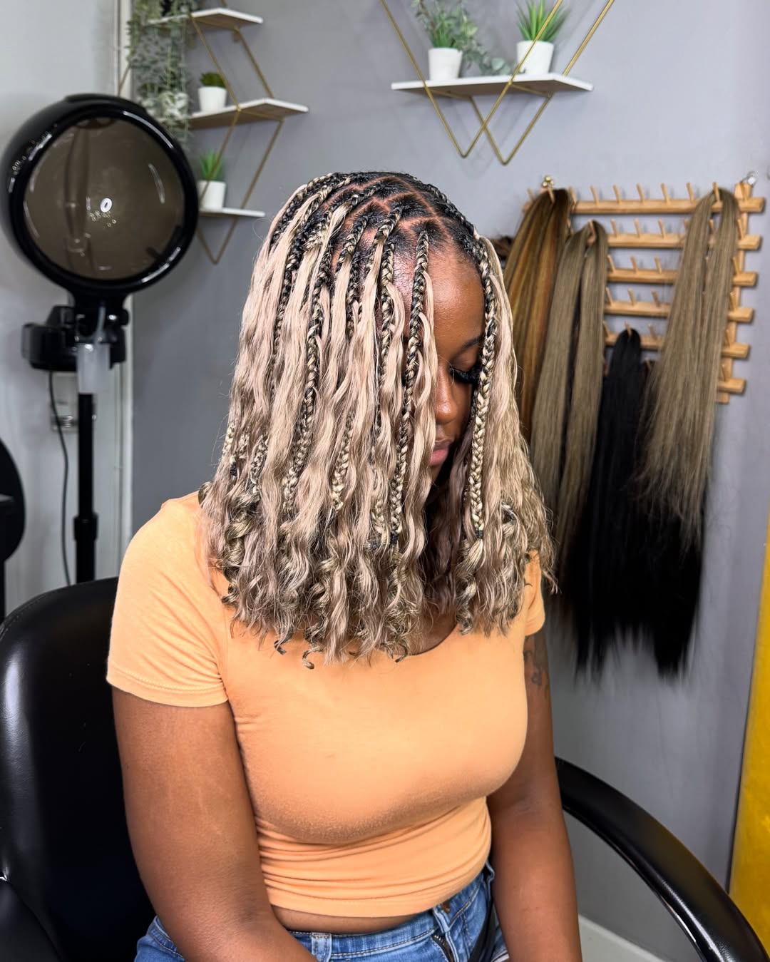 long bob ash blonde boho knotless braids