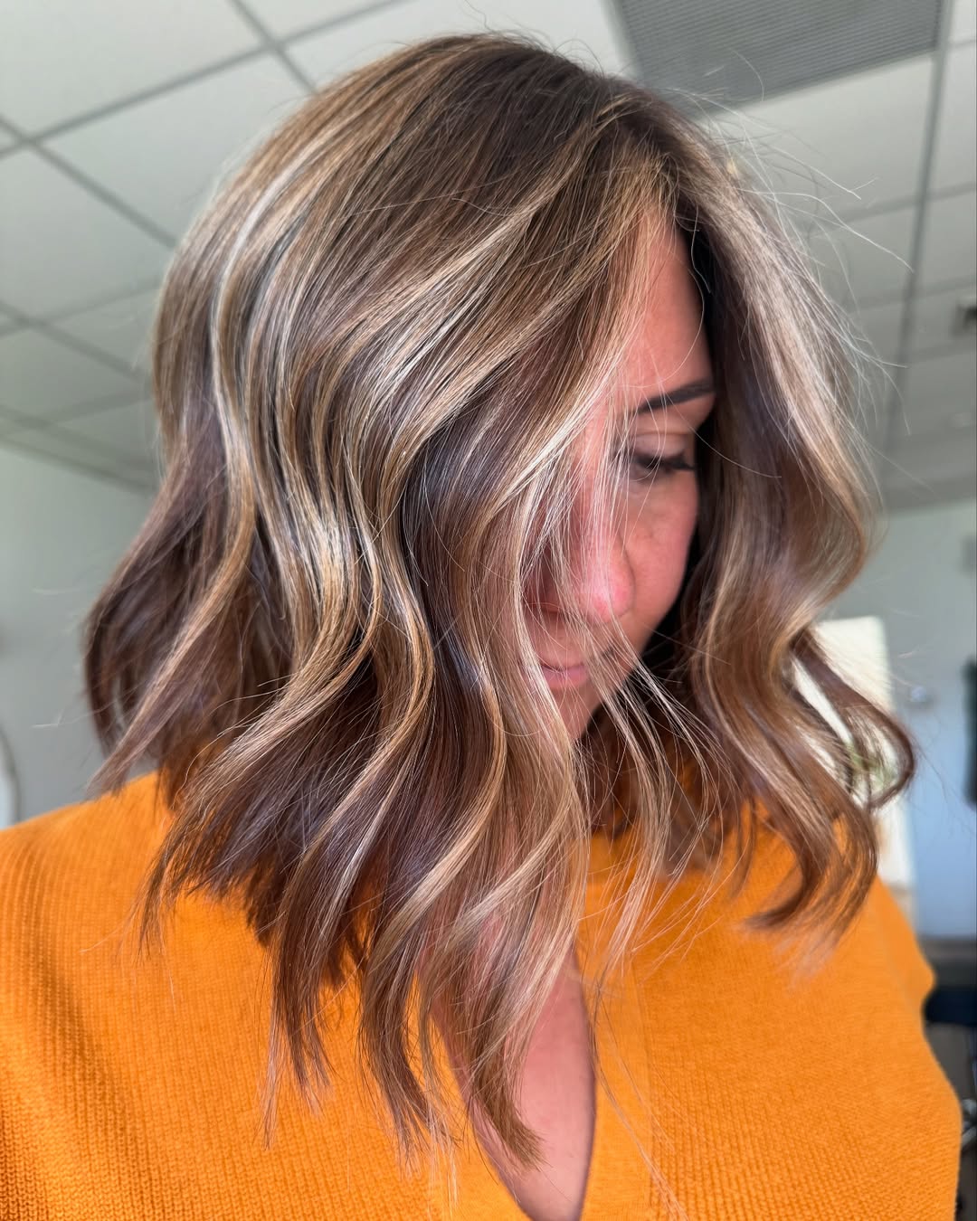 short brown hair with auburn and caramel highlights