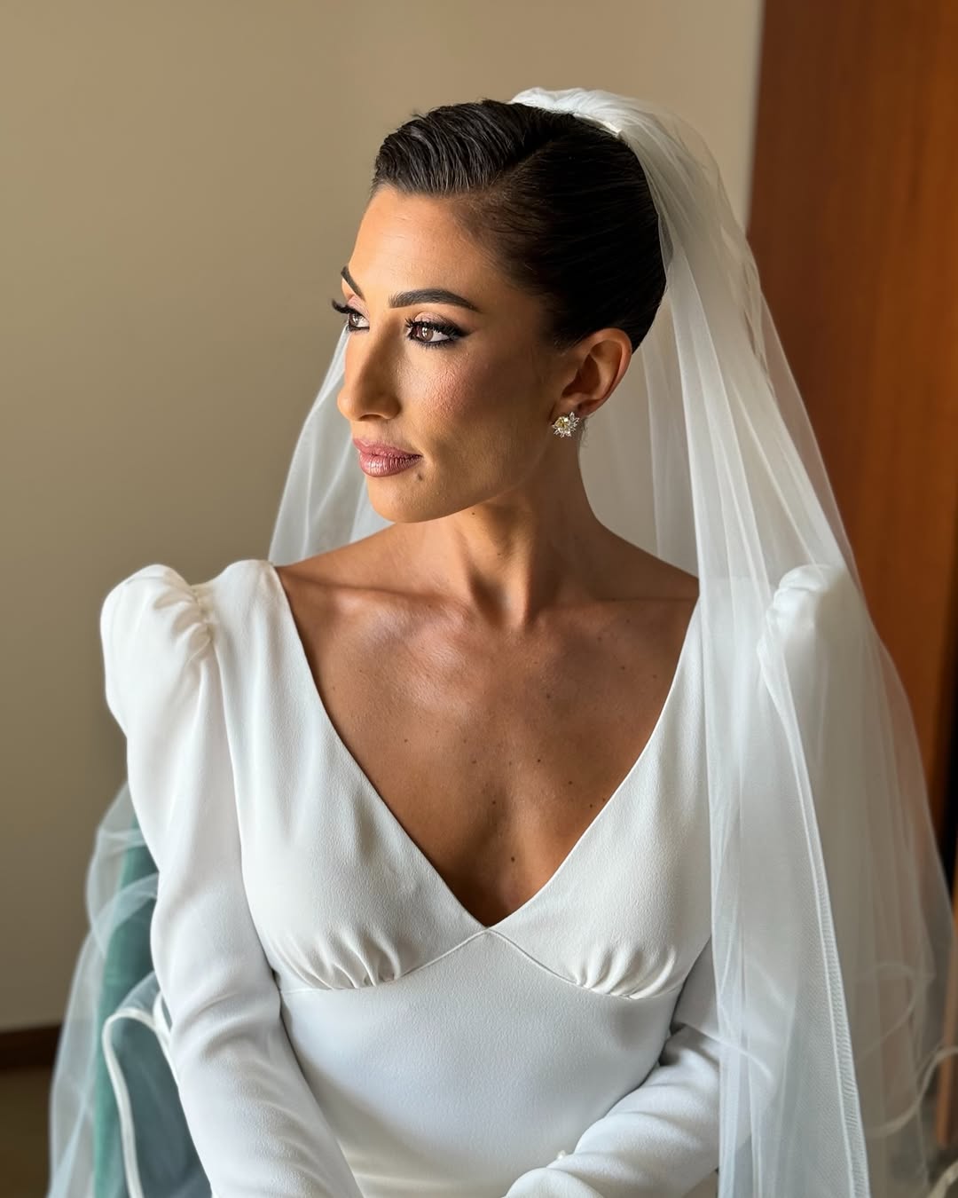 sleek bride updo with veil