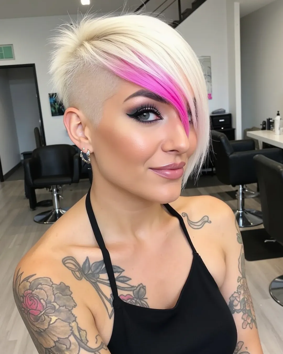 blonde asymmetrical pixie cut with shaved sides