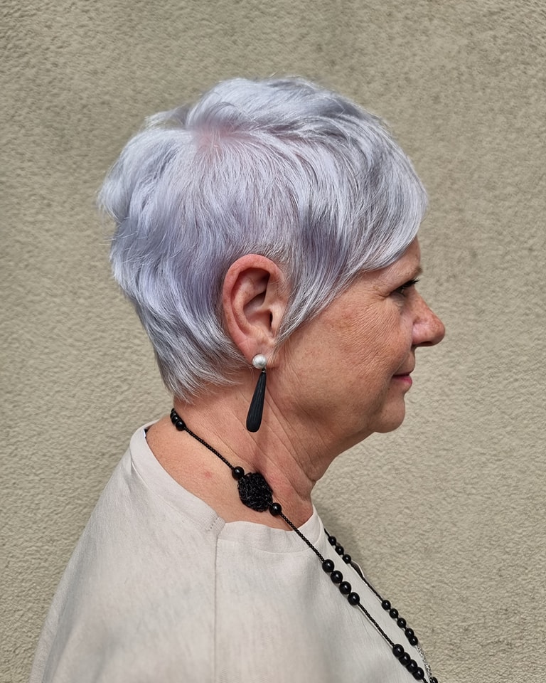 very short pixie haircut on natural gray hair